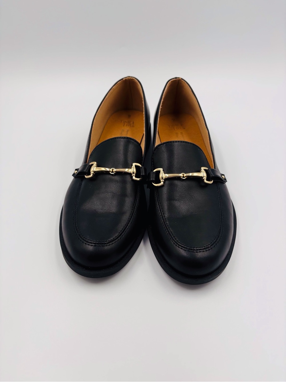 Time and Tru Black Faux Leather Loafers with Gold Bit Size 9